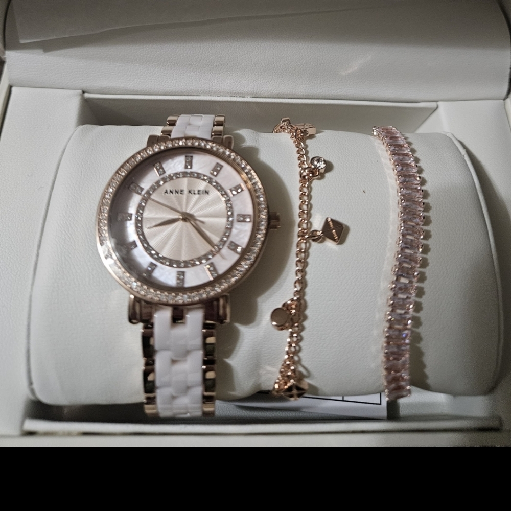 Anne Klein Rose Gold and White Bracelet Watch Set with Crystals